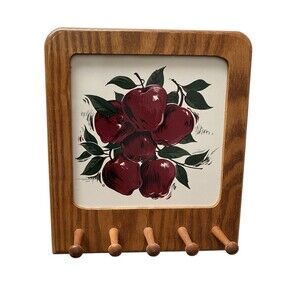 Vintage Wooden Apple Ceramic Tile Wall Key Leash Hanger Farmhouse